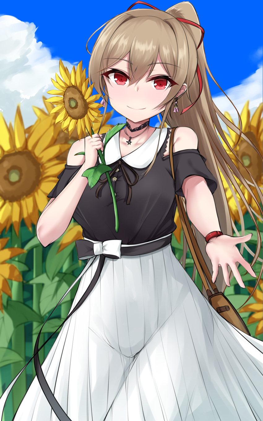 absurdres bag belt black_belt black_bow black_shirt bow breasts brown_hair closed_mouth clothing_cutout commentary_request day earrings female flower furen_e_lustario furen_e_lustario_(2nd_costume) hair_between_eyes hair_ribbon hand_up high_ponytail highres holding holding_flower jewelry kirikan_(cokekiri) long_hair looking_at_viewer medium_breasts necklace nijisanji outdoors outstretched_arm pleated_skirt ponytail red_eyes red_ribbon ribbon shirt short_sleeves shoulder_bag shoulder_cutout sidelocks skirt smile solo star_(symbol) star_necklace sunflower very_long_hair virtual_youtuber white_bow white_skirt yellow_flower