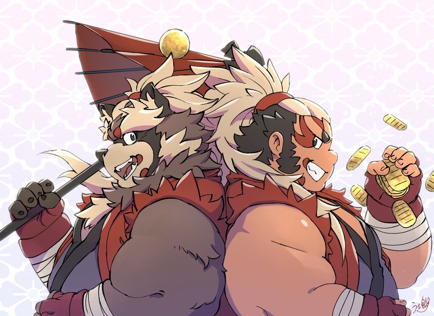 2019 anthro black_nose brown_body brown_fur canid canine clothed clothing daihukudokoro duo fur goemon_(tas) human humanoid_hands lifewonders male mammal overweight overweight_male raccoon_dog tanuki teeth tokyo_afterschool_summoners