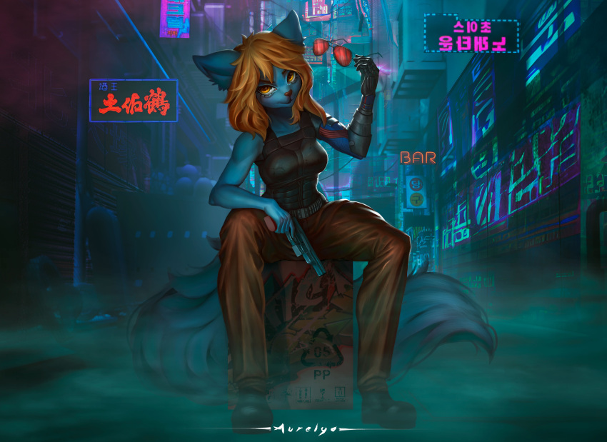 absurd_res alley anthro aurelya blonde_hair blue_body blue_fur canid canine clothing cosplay cyberpunk_2077 eyewear female fox fur gun hair hi_res johnny_silverhand_(cosplay) johnny_silverhand_(cyberpunk_2077) mammal prosthetic prosthetic_arm prosthetic_limb ranged_weapon sitting solo sunglasses victoria_voss weapon yellow_eyes