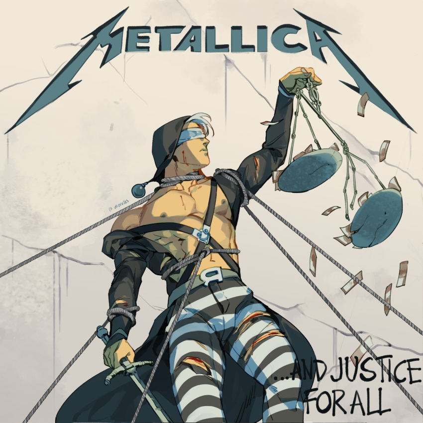 ...and_justice_for_all 1boy album_cover album_cover_redraw alternate_pectoral_size arm_up artist_name balance_scale belt black_coat black_headwear black_pants blindfold blood bondage bondage bound broken chest_harness closed_mouth coat commentary cover covered_eyes crack cuts derivative_work english_commentary english_text grey_hair harness hat_bobbles heavy_metal highres holding holding_scale holding_sword holding_weapon hood injury jojo_no_kimyou_na_bouken large_pectorals logo long_coat long_sleeves male_focus metallica money muscular muscular_male name_connection nipples open_clothes open_coat pants parody pectorals risotto_nero rope solo striped_clothes striped_pants sword thighs torn_clothes twitter_username vento_aureo weapon weighing_scale white_pants worvies