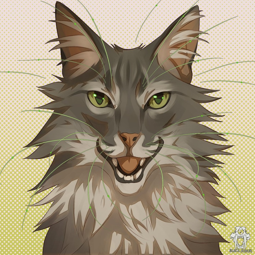 1:1 ambiguous_gender artist_logo artist_name blackscour bust_portrait cheek_tuft domestic_cat dotted_background facial_tuft fangs felid feline felis feral front_view fur glistening glistening_eyes green_eyes green_whiskers grey_body grey_fur hi_res inner_ear_fluff logo looking_at_viewer mammal neck_tuft open_mouth pattern_background portrait red_inner_ear red_nose red_tongue simple_background solo teeth tongue tuft whiskers white_inner_ear_fluff