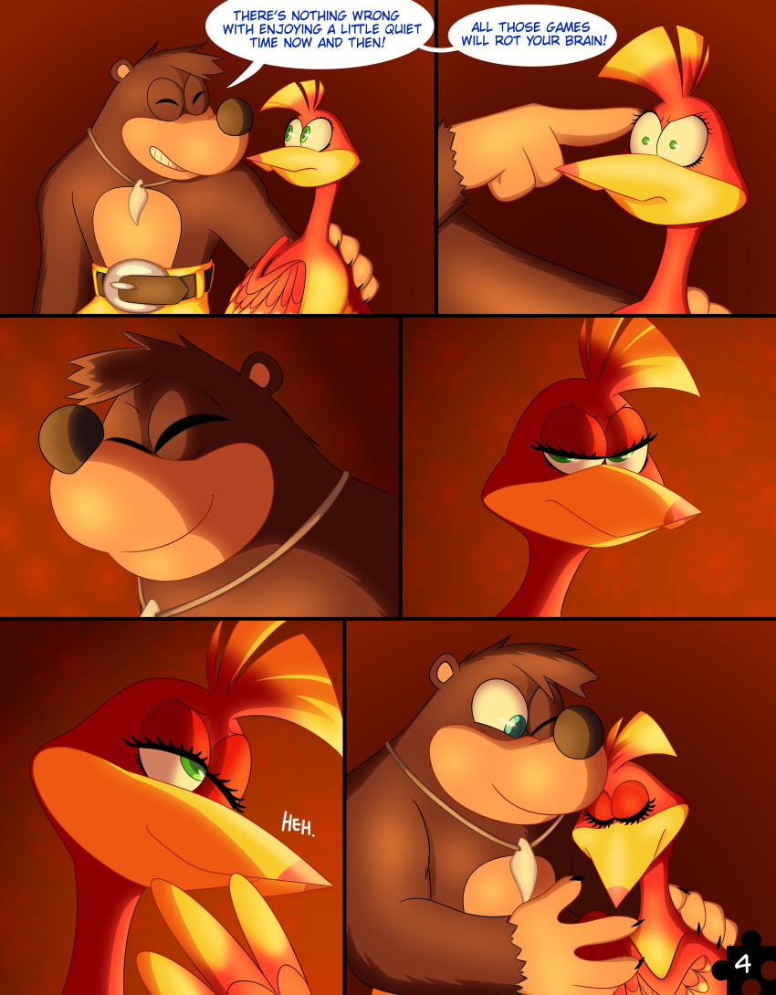 2021 absurd_res anthro avian banjo-kazooie banjo_(banjo-kazooie) belt bird black_nose blue_eyes bottomwear breegull brown_body brown_fur closed_eyes clothed clothing comic cuddling dialogue digital_media_(artwork) duo english_text eyelashes feathers female firelight fur giggle green_eyes hand_on_shoulder head_tuft hi_res jewelry kazooie looking_at_another male male/female mammal necklace one_eye_closed page_4 page_number pants rareware red_body red_feathers sitting skeletonguys-and-ragdolls speech_bubble text topless topless_male tuft ursid video_games wholesome yellow_body yellow_bottomwear yellow_clothing yellow_feathers yellow_pants