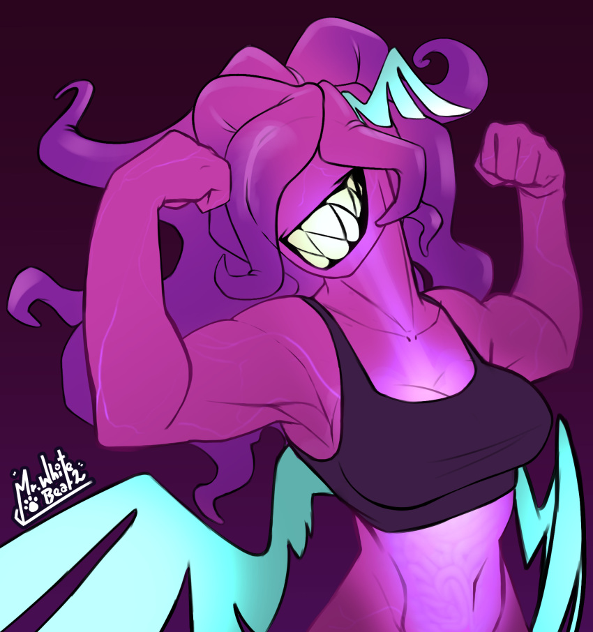 breasts cleavage clothed clothing cnidarian eyeless feathers female grin half-length_portrait hi_res humanoid hydrozoan marine medusozoan mrwhitebear portrait pose purple_body purple_skin siphonophore smile solo topwear wings