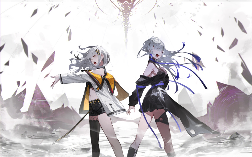 2girls bare_shoulders black_dress black_shorts blunt_bangs closed_eyes coat debris dress grey_hair hachi_(live_union) highres jacket kuronoiparoma live_union long_hair multicolored_clothes multicolored_coat multicolored_jacket multiple_girls music off-shoulder_dress off_shoulder open_mouth outstretched_leg shorts singing single_thighhigh thigh_strap thighhighs vesperbell virtual_youtuber yomi_(vesperbell)