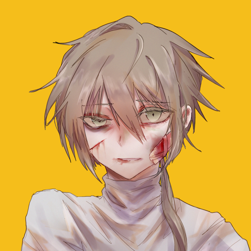 1boy bandaid bandaid_on_cheek bandaid_on_face blood blood_on_face bruise bruise_on_face bruised_eye emily_chang_18294 grey_hair hello_charlotte highres injury long_hair low_ponytail male_focus parted_lips shirt solo teeth turtleneck vincent_wordsworth white_eyes white_shirt yellow_background