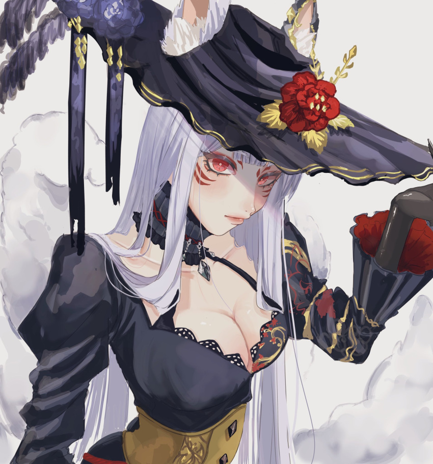 animal_ear_fluff animal_ears bad_id bad_twitter_id bibibi11_ya black_choker black_dress black_gloves breasts bright_pupils choker cleavage collarbone dress eyeshadow female flower fox_girl fox_tail from_above gloves hair_flower hair_ornament hand_on_headwear highres long_hair makeup medium_breasts multiple_tails nijisanji nijisanji_en nina_kosaka nina_kosaka_(2nd_costume) official_alternate_costume red_eyes red_eyeshadow red_flower solo tail underbust upper_body very_long_hair virtual_youtuber white_background white_pupils