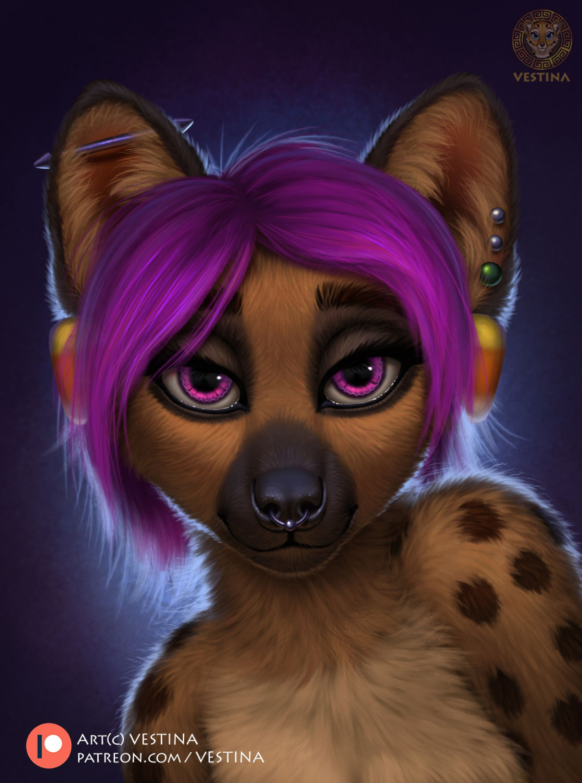 absurd_res anthro brown_body brown_fur digital_media_(artwork) ear_piercing facial_piercing female fluffy_chest fluffy_ears fur hi_res hyaenid industrial_piercing mammal neck_tuft nose_piercing piercing purple_eyes septum_piercing shaded simple_background solo text tuft url vestina