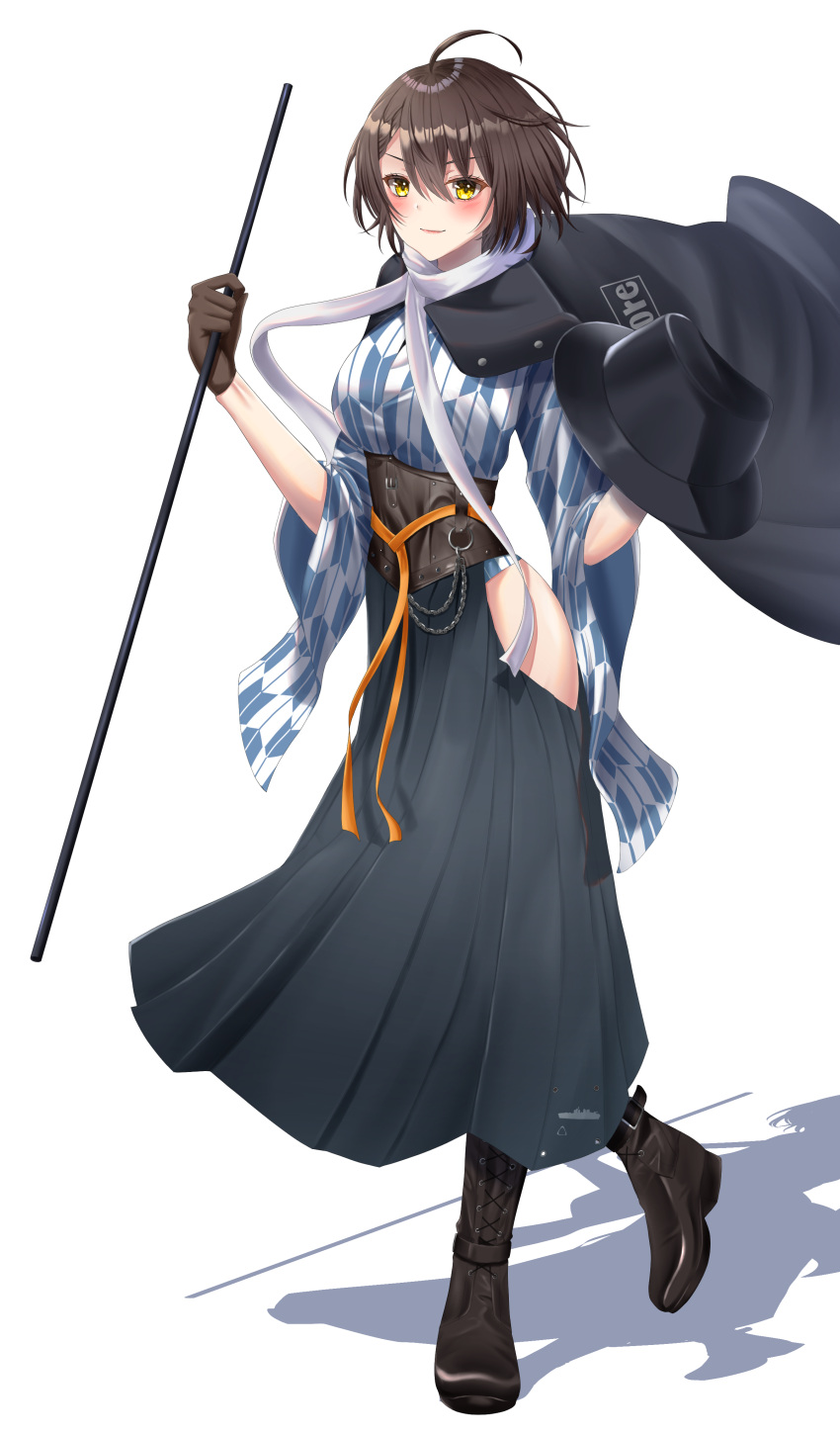 absurdres ahoge azur_lane baltimore_(ace's_travel_journal)_(azur_lane) baltimore_(azur_lane) black_cape black_gloves black_hat blue_skirt blush boots braid breasts brown_hair cape commentary_request corset cross-laced_footwear fedora female french_braid full_body gloves hair_between_eyes hat high-waist_skirt highres hip_vent holding holding_clothes holding_hat holding_staff japanese_clothes knee_boots konparu_uran lace-up_boots large_breasts long_skirt looking_at_viewer official_alternate_costume pleated_skirt scarf shadow short_hair sidelocks simple_background skirt smile solo staff standing standing_on_one_leg unworn_hat unworn_headwear white_background white_scarf wide_sleeves yagasuri yellow_eyes