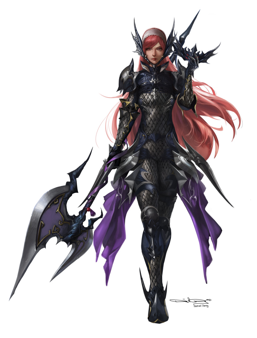 absurdres armor axe cherche_(fire_emblem) daniel_deng dragoon_(final_fantasy) female final_fantasy final_fantasy_xiv fire_emblem fire_emblem_awakening full_armor full_body gauntlets hairband helswath highres holding holding_axe lips long_hair pauldrons pink_eyes pink_hair scale_armor shoulder_armor signature simple_background solo standing warrior_of_light_(ff14) white_background