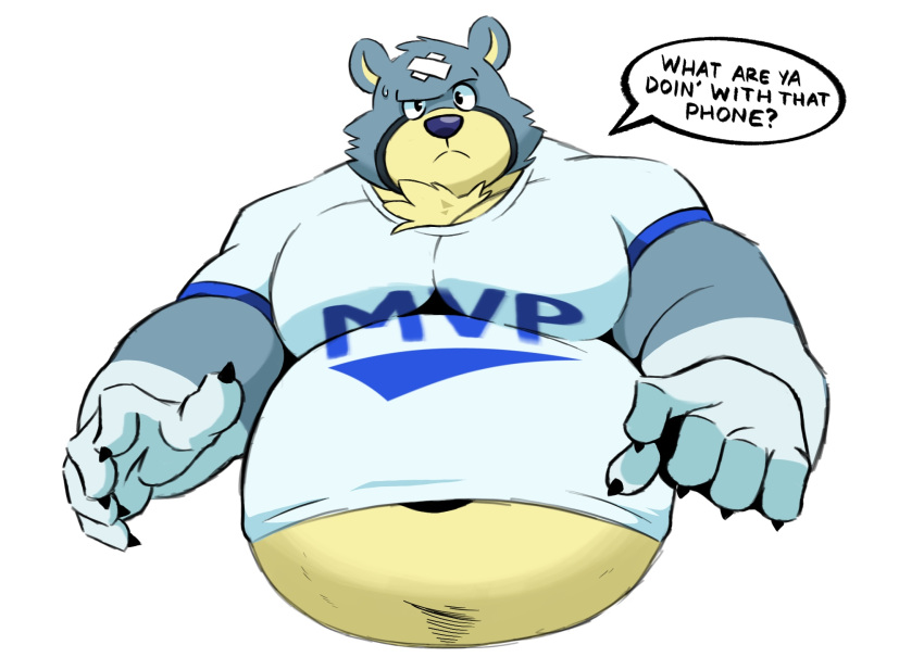 2021 animal_crossing anthro bear belly clothing curt_(animal_crossing) english_text hi_res humanoid_hands male mammal nintendo overweight overweight_male shirt simple_background solo splashburr text text_on_clothing text_on_shirt text_on_topwear topwear white_background