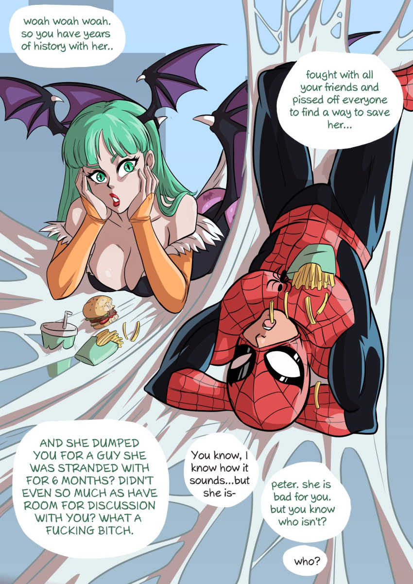 1boy 1girls 2024 big_breasts breasts burger clothed clothed_female clothed_male crossover crossover_pairing darkstalkers demon demon_girl dialogue duo eastern_and_western_character eating eating_food english_text female food french_fries green_eyes green_hair head_wings human human_male humanoid interspecies large_breasts laying_down laying_on_back light-skinned_female light_skin long_hair male male/female marvel marvel_comics marvel_vs._capcom morrigan_aensland no_sex speech_bubble spider-man spider-man_(series) straight succubus superhero talking text wacum wings