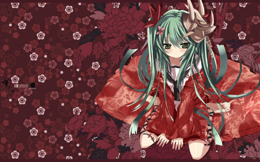 blush green_eyes green_hair japanese_clothes shino_(eefy) tagme