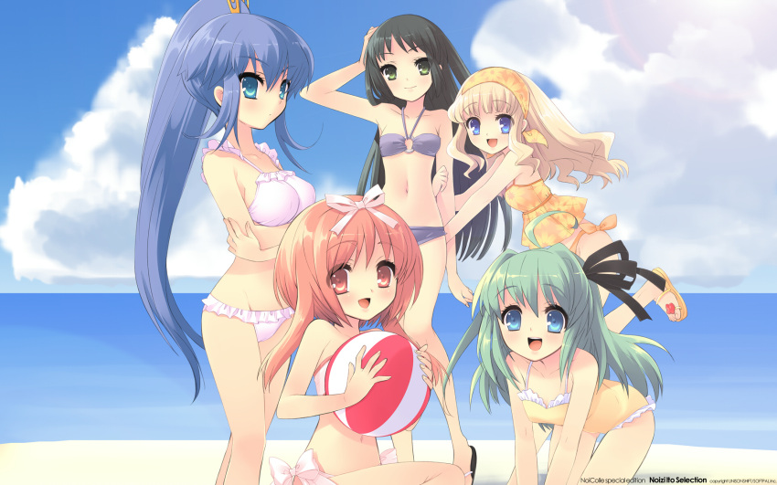 5girls :d akihime_sumomo aqua_eyes ball beach beachball bikini blonde_hair blue_eyes blue_hair breasts casual_one-piece_swimsuit cloud day green_hair highres ito_noizi koiwai_flora medium_breasts multiple_girls nanatsuiro_drops navel o-ring o-ring_bikini ocean one-piece_swimsuit open_mouth outdoors ponytail red_eyes red_hair sand satsuki_julirsia sitting sky small_breasts smile swimsuit water yaeno_nadeshiko yuuki_nona