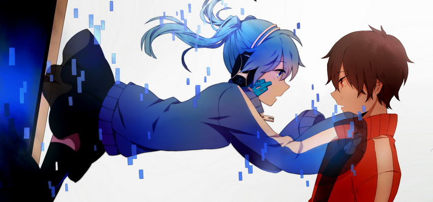 1boy black_hair blue_eyes blue_hair bookcage commentary_request computer ene_(kagerou_project) female headphones imminent_hug jacket kagerou_project kisaragi_shintarou long_hair open_mouth red_eyes short_hair skirt tears thighhighs track_jacket twintails