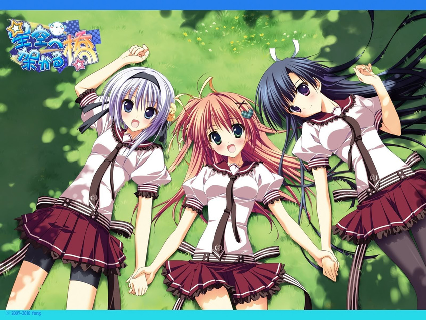 3girls black_hair blue_eyes grass green_eyes hinata_ibuki hoshizora_e_kakaru_hashi koumoto_madoka long_hair nakatsugawa_ui naturalton pink_hair ryohka seifuku tie