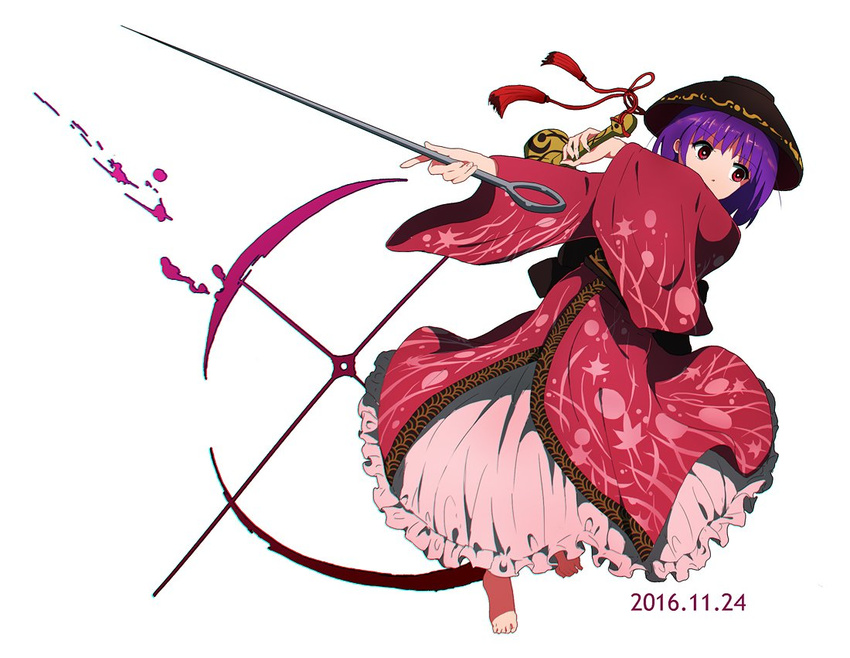 bad_id bad_twitter_id barefoot bowl bowl_hat covered_mouth dated eyebrows female frilled_skirt frills full_body hat holding holding_needle holding_weapon japanese_clothes kimono miracle_mallet needle obi over_shoulder purple_hair red_eyes red_kimono sash shishi_osamu short_hair skirt solo sukuna_shinmyoumaru touhou weapon weapon_over_shoulder white_background white_skirt wide_sleeves