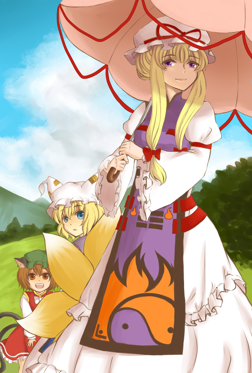 3girls :d animal_ears animal_hat blonde_hair blue_eyes blue_sky bow brown_eyes brown_hair cat_ears cat_tail chen cloud commentary_request day dress earrings flame_print forest fox_tail frilled_dress frilled_sleeves frills grass green_hat hair_between_eyes hair_up hairbow hat hat_ribbon highres hill jewelry kurano long_sleeves mob_cap mountain multiple_girls multiple_tails nature open_mouth outdoors parted_lips purple_eyes red_dress ribbon ribbon_trim short_hair sidelocks sky smile tabard tail teeth tongue touhou tree umbrella white_dress yakumo_ran yakumo_yukari yin_yang