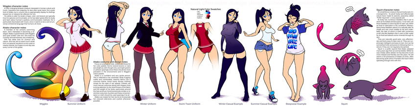 aitako alternate_costume alternate_hairstyle alternate_legwear ass barefoot black_hair blue_eyes breasts casual color_guide commentary_request competition_swimsuit denim denim_shorts dress english_text female highres ian_chase loafers long_hair long_legs monster naked_shirt necktie no_panties one-piece_swimsuit original panties pantyhose parted_bangs pleated_skirt ponytail reference_sheet school_uniform schoolgirls_love_tentacles shirt shoes shorts skirt small_breasts sneakers solo_focus spaghetti_strap sweater sweater_dress swimsuit t-shirt tank_top thighhighs turtleneck twintails underwear waking_up wiggles