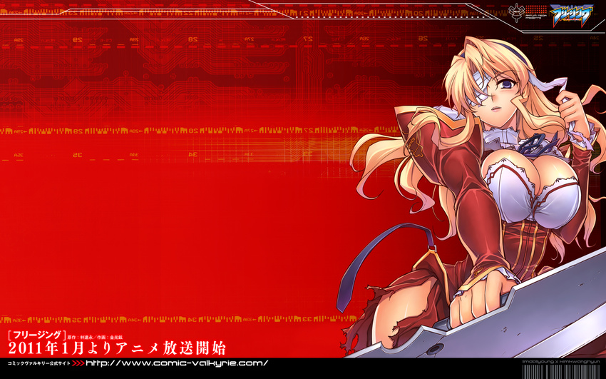 bandage blonde_hair blue_eyes breasts bridget_satellizer cleavage eyepatch female freezing freezing_(series) gradient gradient_background kim_kwang_hyun large_breasts long_hair satellizer_el_bridget solo sword torn_clothes wallpaper