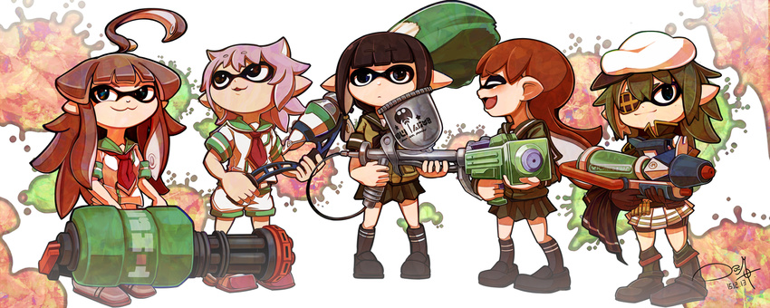 5girls aerospray_(splatoon) ahoge commentary eyepatch game_console giant_brush gloves gun hat heavy_splatling_(splatoon) highres huge_ahoge inkbrush_(splatoon) inkling inkling_player_character kantai_collection kiso_(kancolle) kitakami_(kancolle) kuma_(kancolle) long_hair multiple_girls ooi_(kancolle) open_mouth paint_splatter paintbrush pointy_ears remodel_(kantai_collection) ryuuto_(ryutopia) school_uniform serafuku shoes short_hair skirt smile splatoon_(series) splatoon_1 splattershot_jr_(splatoon) splattershot_pro_(splatoon) super_soaker tama_(kancolle) tentacle_hair water_gun weapon wii_u