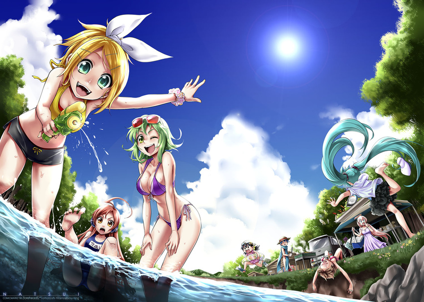 6+girls :d ;d bikini blue_scarf breasts cabin cleavage cloud comiket_86 commentary_request day dress eyewear_on_head front-tie_top goggles green_hair gumi hatsune_miku innertube kaai_yuki kagamine_rin kaito_(vocaloid) kitano_tomotoshi long_hair looking_at_viewer medium_breasts megurine_luka meiko_(vocaloid) motor_vehicle multiple_girls naked_scarf no_panties one-piece_swimsuit one_eye_closed open_mouth outdoors partially_submerged photoshop_(medium) scarf school_swimsuit sf-a2_miki side-tie_bikini_bottom sky small_breasts smile sun sundress sunglasses swim_ring swimsuit twintails van very_long_hair vocaloid wading water water_gun wet