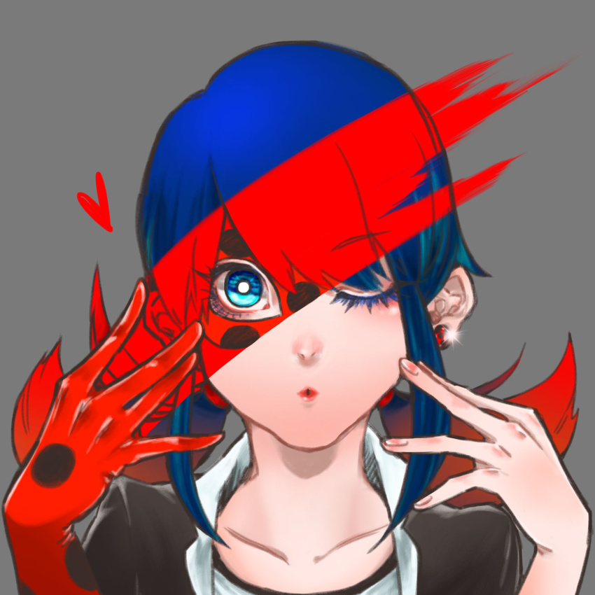 blue_eyes blue_hair commentary_request earrings eyelashes female gloves grey_background highres jewelry joker_(joker_sin) ladybug_(character) lips looking_at_viewer marinette_dupain-cheng miraculous_ladybug one_eye_closed polka_dot portrait puckered_lips revealing_layer school_uniform single_glove solo stud_earrings