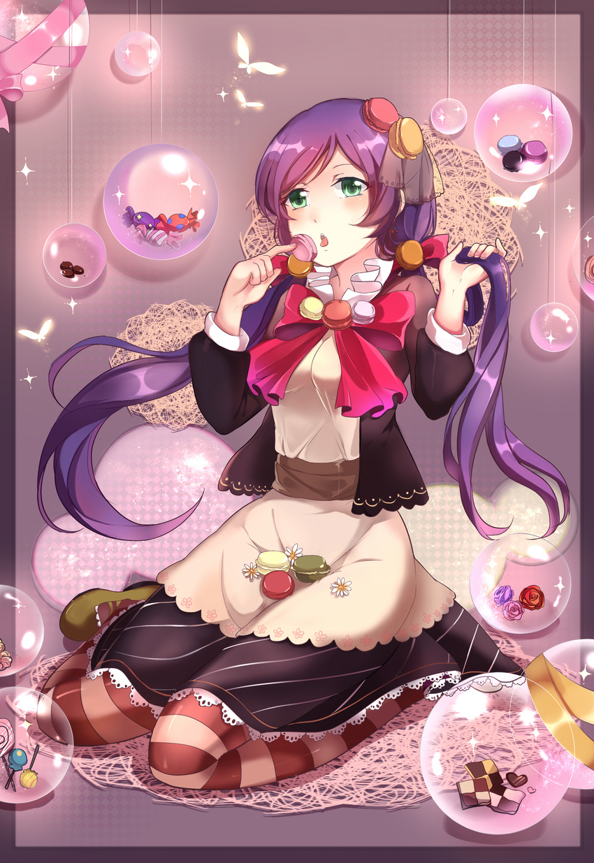 absurdres blush bubble bug butterfly dress eating food green_eyes highres insects long_hair love_live! love_live!_school_idol_festival love_live!_school_idol_project macaron pantyhose purple_hair solo striped striped_legwear thighhighs toujou_nozomi xinghuo