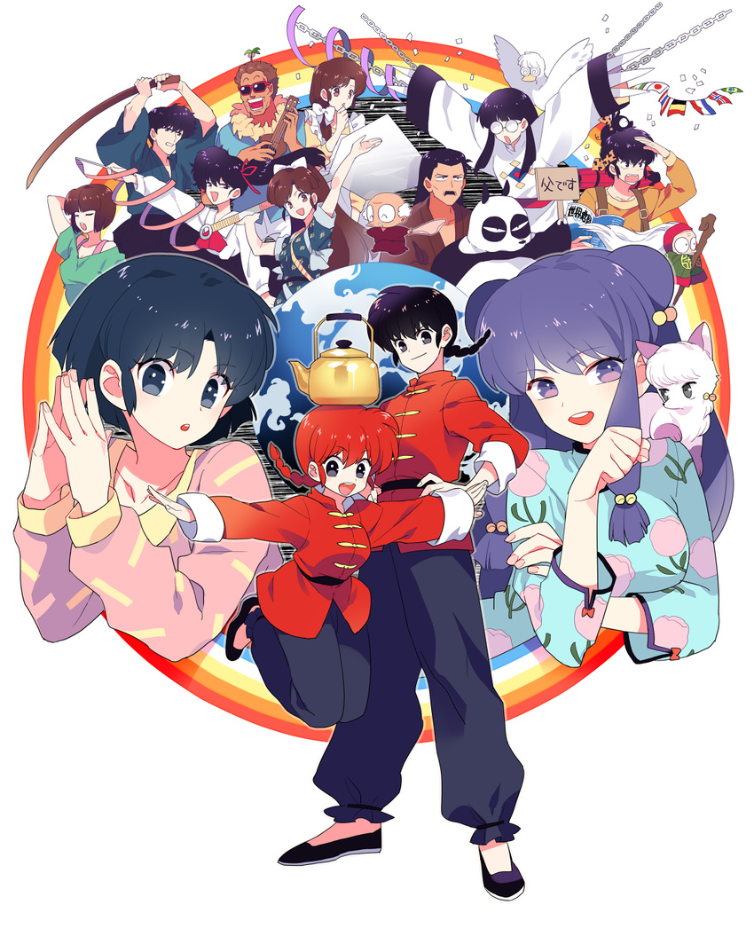 6+boys 6+girls animal animal_on_head animal_on_shoulder bell bird braid brother_and_sister cat_on_shoulder chinese_clothes cologne_(ranma_1/2) commentary_request dual_persona duck everyone father_and_daughter father_and_son feline flags_of_all_nations genderswap_(mtf) gum_(gmng) hair_bell hair_ornament happosai hibiki_ryouga highres holding holding_sign instrument kettle kunou_kodachi kunou_tatewaki kuonji_ukyou mousse_(duck)_(ranma_1/2) mousse_(ranma_1/2) multiple_boys multiple_girls on_head p-chan panda pig principal_kunou ranma-chan ranma_1/2 red_hair rule_63 saotome_genma saotome_genma_(panda) saotome_ranma shampoo_(cat) shampoo_(ranma_1/2) siblings sidelocks sign single_braid sisters string_of_flags tangzhuang tendou_akane tendou_kasumi tendou_nabiki tendou_souun ukulele