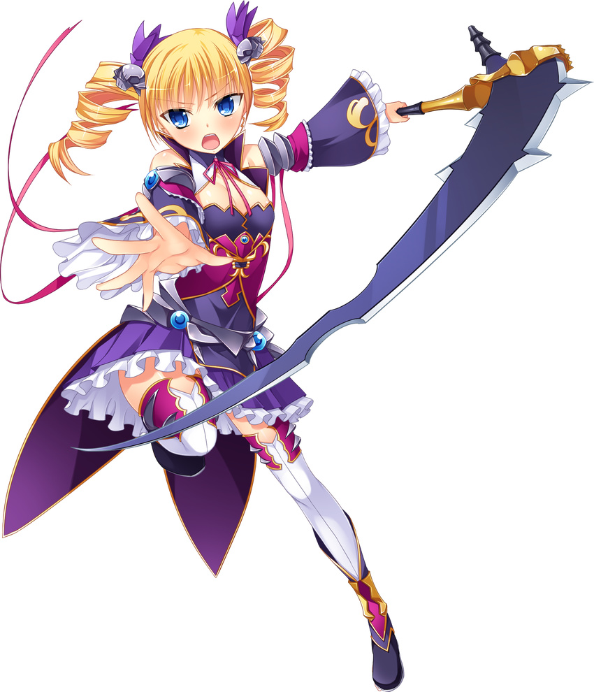 blonde_hair blue_eyes blush bow bowtie detached_sleeves drill_hair female frills full_body game_cg highres holding holding_weapon koihime_musou open_mouth scythe solo sousou_(koihime_musou) thighhighs transparent_background twintails weapon zettai_ryouiki