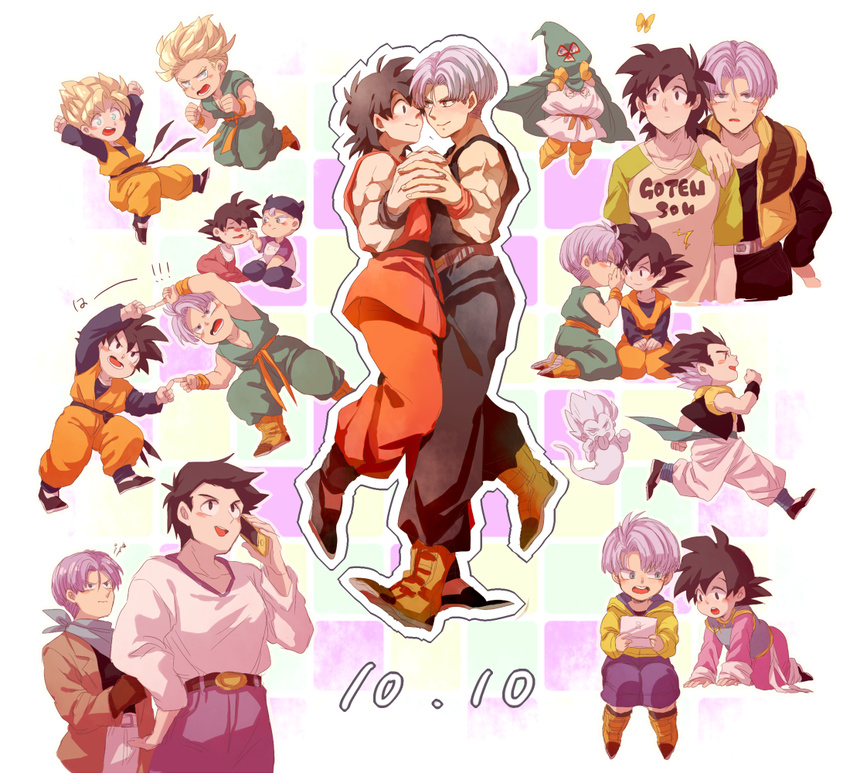 3boys :d :o annoyed baby black_eyes black_hair blonde_hair blue_eyes blush_stickers bug butterfly cellphone commentary_request dancing dated dougi dragon_ball dragon_ball_gt dragon_ball_super dragon_ball_z eye_contact fusion_dance gotenks hand_on_another's_shoulder hand_to_own_mouth holding holding_hands holding_phone interlocked_fingers long_sleeves looking_at_another male_focus metamoran_vest mighty_mask multicolored_hair multiple_boys open_mouth phone purple_hair raiku_(ugougomemomemo) running short_hair smile son_goten spiked_hair super_ghost_kamikaze_attack super_saiyan super_saiyan_1 trunks_(dragon_ball) two-tone_hair whispering wristband yaoi