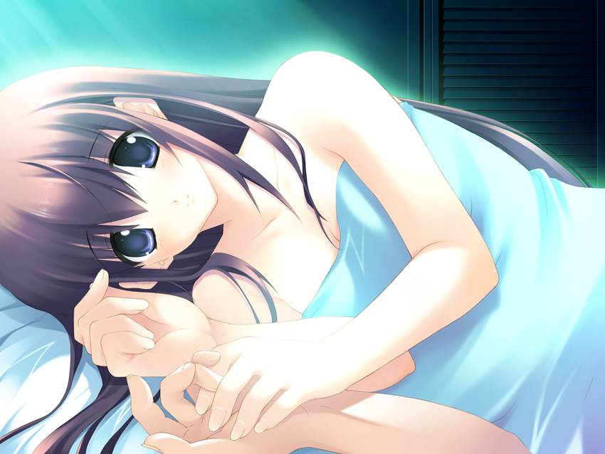 bed blue_eyes brown_hair game_cg kiss_x_demon_lord_x_darjeeling nanase_yuuna no_bra takanae_kyourin