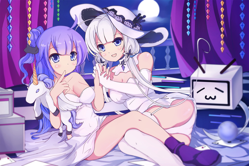 2girls absurdly_long_hair ahoge ass azur_lane bare_shoulders bili_girl_22 bili_girl_33 bilibili blue_eyes blue_hair blush card closed_mouth collarbone commentary_request cosplay dai_jijie elbow_gloves finger_to_mouth garter_straps gloves hat illustrious_(azur_lane) illustrious_(azur_lane)_(cosplay) index_finger_raised indoors long_hair looking_at_viewer lying mole mole_under_eye multiple_girls on_side open_mouth panties photoshop_(medium) playing_card sitting smile sun_hat thighhighs twintails underwear unicorn_(azur_lane) unicorn_(azur_lane)_(cosplay) very_long_hair white_hair white_hat white_panties white_thighhighs xiao_dianshi