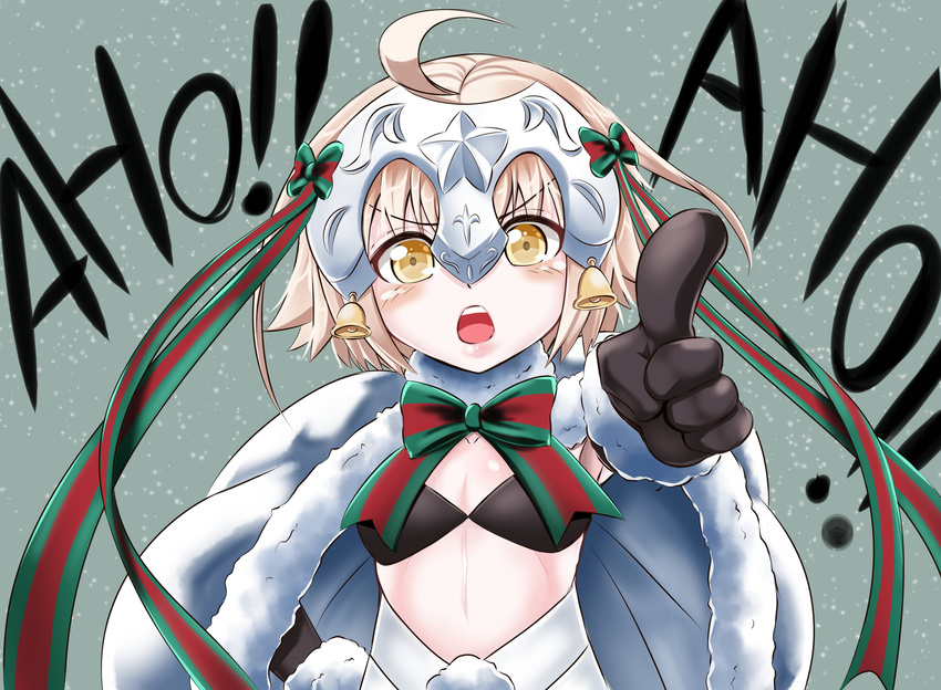 absurdres ahoge bell bikini bikini_top_only black_gloves blonde_hair bow cape commentary_request fate/grand_order fate_(series) female foreshortening gloves hair_ribbon hairbow headpiece highres jeanne_d'arc_alter_santa_lily_(fate) jewelry open_mouth pointing pointing_at_viewer ribbon solo swimsuit upper_body virusotaku yellow_eyes