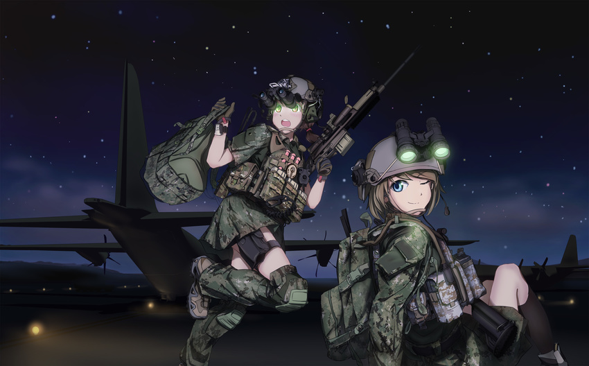 2girls absurdres adapted_uniform aircraft airplane assault_rifle backpack bag belt blue_eyes blush brown_hair c-130_hercules camouflage camouflage_skirt chinese_commentary commentary_request fn_scar girlcam_(tanto) gloves gun h&k_hk416 headset heckler_&_koch helmet highres holster knee_pads load_bearing_vest looking_at_viewer military military_uniform multiple_girls night night_sky night_vision_device one_eye_closed open_mouth radio rifle running runway scope short_hair short_twintails sitting skirt sky smile soldier star_(sky) tanto_(tc1995) teeth thigh_holster twintails uniform united_states united_states_navy war weapon