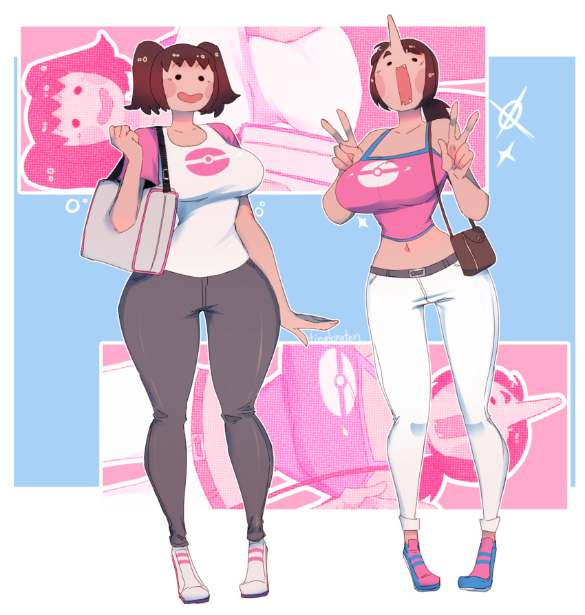 2girls animon blush brown_hair crop_top cute derp derp_eyes ditto ditto_copied_person ditto_face dopey handbag large_breasts midriff peace_sign pokemon ponytail purse sfw shoulder_bag silly_face tingtongten transformed transformed_ditto twintails wide_hips