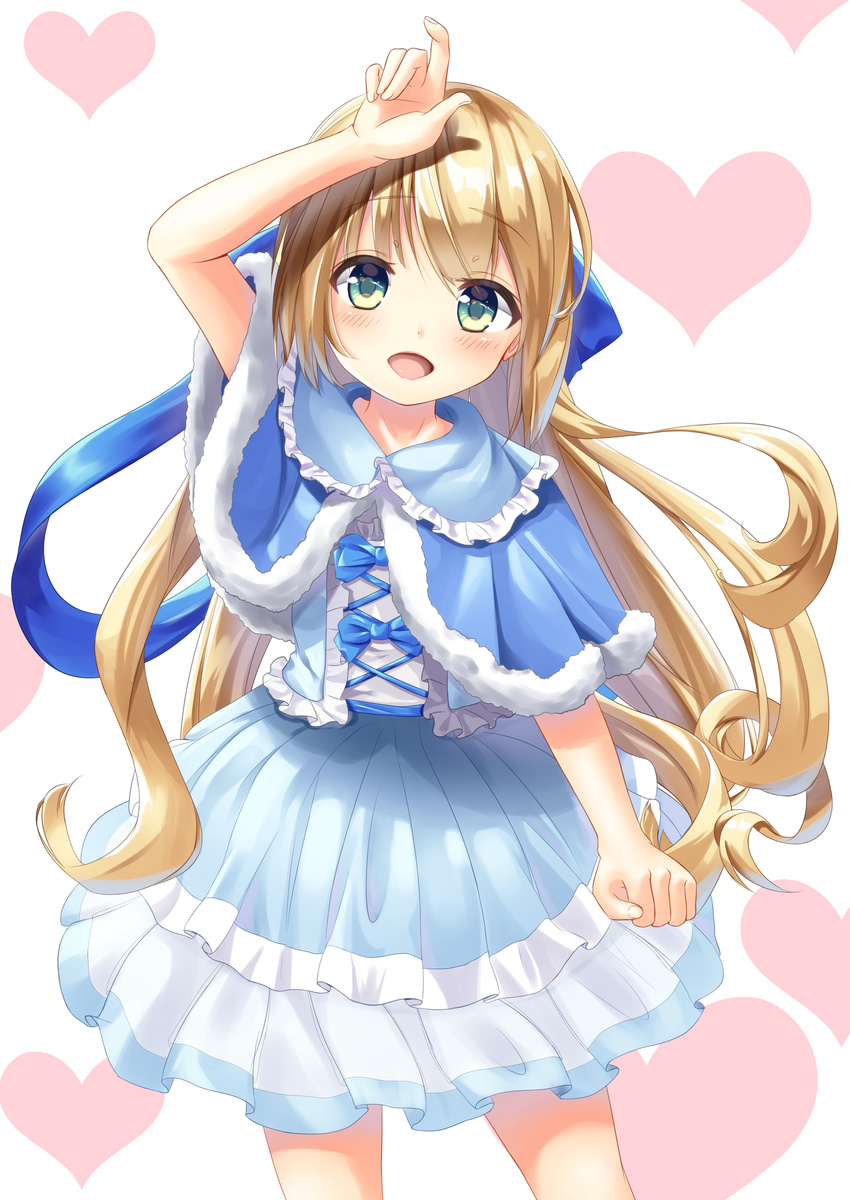 :d absurdres blonde_hair blush capelet commentary_request dress female green_eyes hair_ribbon heart highres lolita_fashion long_hair mafuyun open_mouth original ribbon smile solo sweet_lolita twintails white_background