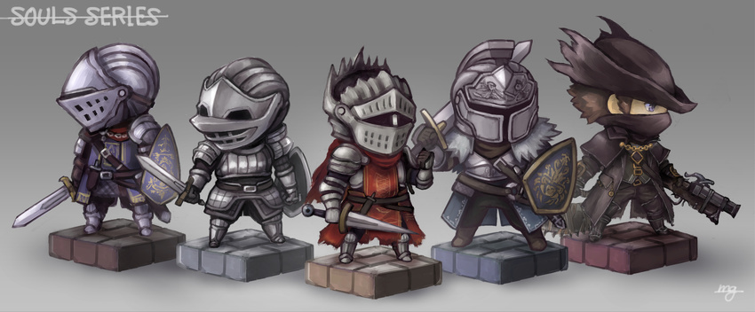 5others ambiguous_gender armor ashen_one_(dark_souls_3) axe bearer_of_the_curse belt black_legwear bloodborne blue_eyes boots chibi chosen_undead coat commentary_request dagger dark_souls_(series) dark_souls_i dark_souls_ii dark_souls_iii demon's_souls full_armor fushigi_ebi gloves gun handgun hat helmet highres holding holding_gun holding_shield holding_sword holding_weapon hunter_(bloodborne) knife leather leather_gloves leather_pants long_sword mask multiple_others over_shoulder pants pauldrons plate_armor saw saw_cleaver sheath shield shoulder_armor signature simple_background slayer_of_demons sword tabard weapon weapon_over_shoulder