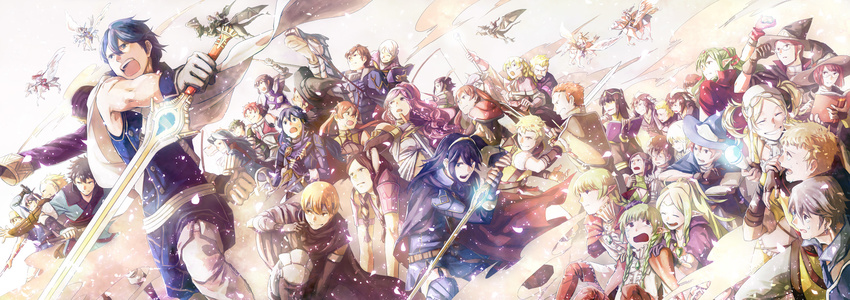 6+boys 6+girls animal_ears armor black_hair blonde_hair blue_eyes blue_hair book bow_(weapon) brady_(fire_emblem) braid brown_eyes brown_hair cape cherche_(fire_emblem) chrom_(fire_emblem) circlet closed_eyes commentary_request cordelia_(fire_emblem) crying crying_with_eyes_open cynthia_(fire_emblem) donnel_(fire_emblem) dragon drawing_bow dual_persona everyone falchion_(fire_emblem) fighting_stance fire_emblem fire_emblem_awakening flying frederick_(fire_emblem) gaius_(fire_emblem) gerome_(fire_emblem) glasses gloves glowing glowing_sword glowing_weapon green_eyes green_hair gregor_(fire_emblem) group_picture group_profile hairband hat headband henry_(fire_emblem) highres holding holding_book holding_bow_(weapon) holding_polearm holding_staff holding_sword holding_weapon hood hood_up hooded_robe horseback_riding inigo_(fire_emblem) kellam_(fire_emblem) kjelle_(fire_emblem) laurent_(fire_emblem) lineup lissa_(fire_emblem) lon'qu_(fire_emblem) long_hair long_sleeves lucina_(fire_emblem) maribelle_(fire_emblem) minerva_(fire_emblem_awakening) miriel_(fire_emblem) moppect multiple_boys multiple_girls nah_(fire_emblem) noire_(fire_emblem) nowi_(fire_emblem) olivia_(fire_emblem) orange_hair owain_(fire_emblem) panne_(fire_emblem) pegasus_knight_uniform_(fire_emblem) photoshop_(medium) pink_hair pointy_ears polearm ponytail pot pot_on_head profile rabbit_ears red_eyes red_hair ricken_(fire_emblem) riding robe robin_(fire_emblem) robin_(male)_(fire_emblem) severa_(fire_emblem) shirt short_hair short_twintails sleeveless sleeveless_shirt smile spear staff stahl_(fire_emblem) sully_(fire_emblem) sumia_(fire_emblem) sword tears tharja_(fire_emblem) tiara tiki_(adult)_(fire_emblem) tiki_(fire_emblem) time_paradox twin_braids twintails vaike_(fire_emblem) virion_(fire_emblem) weapon white_hair witch_hat wyvern yarne_(fire_emblem)