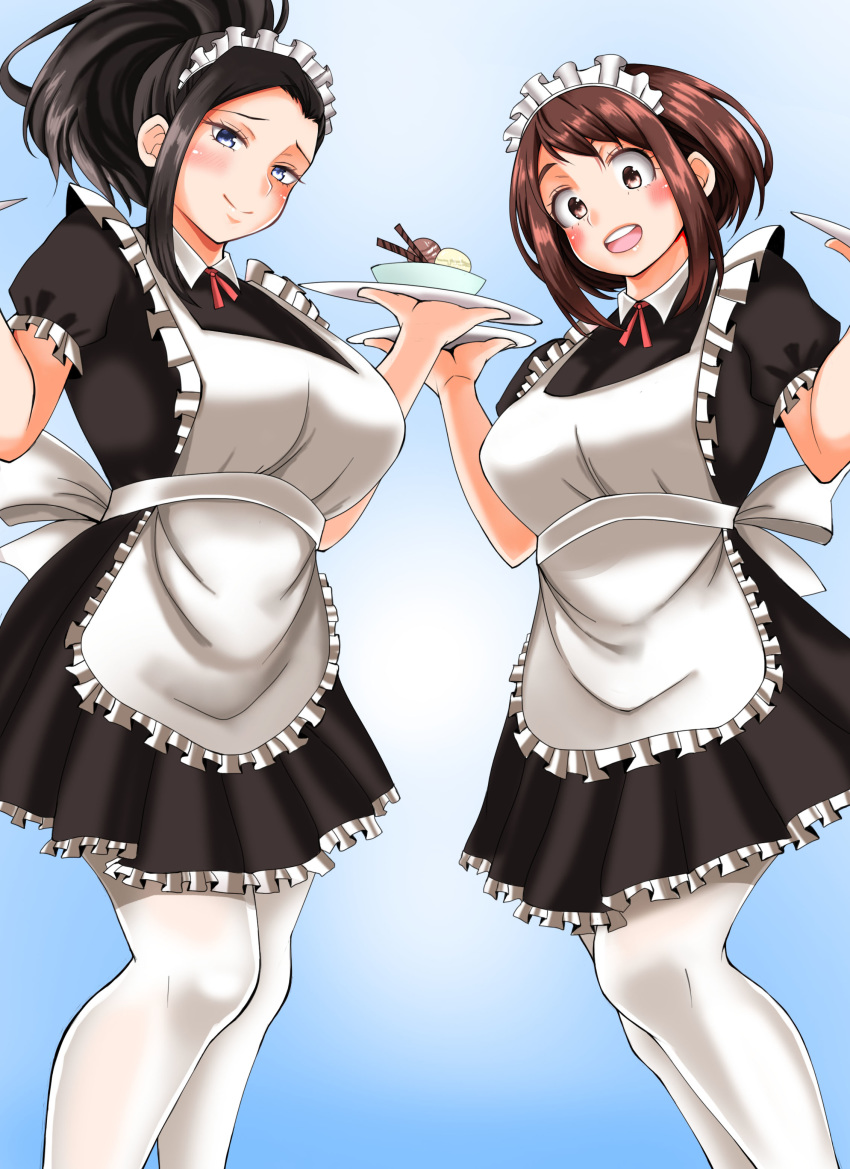 2girls :d absurdres adahcm alternate_costume black_hair blue_background blue_eyes blush boku_no_hero_academia breasts brown_eyes brown_hair commentary enmaided high_ponytail highres holding holding_tray large_breasts looking_at_viewer maid multiple_girls open_mouth pantyhose photoshop_(medium) ponytail short_hair sidelocks smile standing tray uraraka_ochako white_pantyhose yaoyorozu_momo