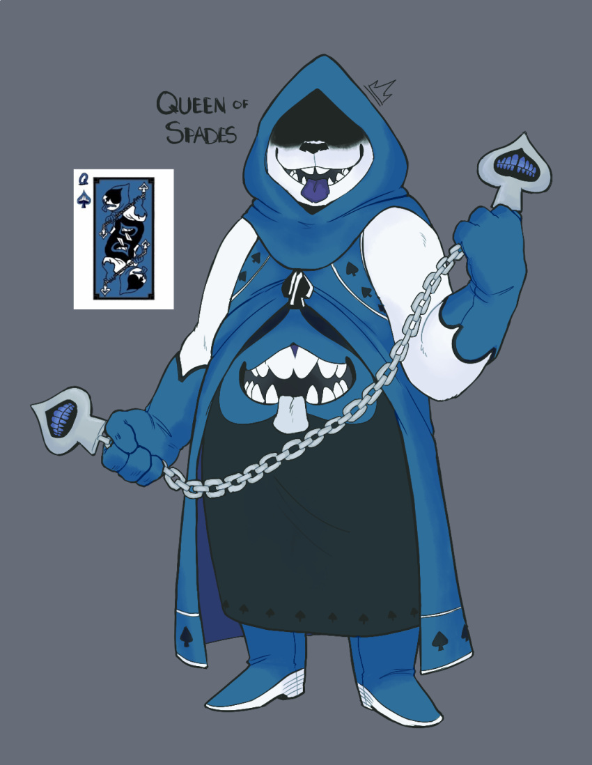 2018 2_mouths 4_fingers ambiguous_species anthro belly_mouth biped black_nose blue_tongue boots canid canine cape card chain_weapon chains character_name clothed clothing cool_colors covered_eyes deltarune digital_media_(artwork) english_text faceless_character faceless_female fan_character female fingers flat_chested footwear front_view full-length_portrait fully_clothed gloves grey_background handwear hi_res holding_chain holding_object holding_weapon hood humanoid_hands leestei mammal multi_mouth open_mouth open_smile overweight overweight_anthro overweight_female plantigrade playing_card portrait queen_of_spades robe sharp_teeth simple_background smile solo spade_(disambiguation) spades_(suit) standing suit_symbol teeth text tongue tongue_out undertale_(series) weapon white_body white_tongue