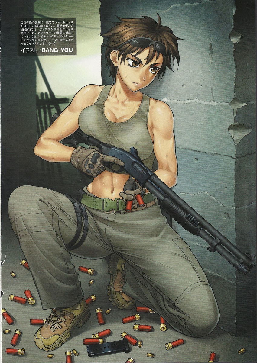 bang-you breasts brown_eyes brown_hair cleavage crop_top female gloves gun highres holding holding_gun holding_weapon large_breasts magazine_(weapon) midriff military mossberg_500 navel non-web_source original pump_action reloading shell_casing short_hair shotgun shotgun_shell smoke smoking_barrel solo squatting sunglasses sweat tank_top toned trigger_discipline weapon