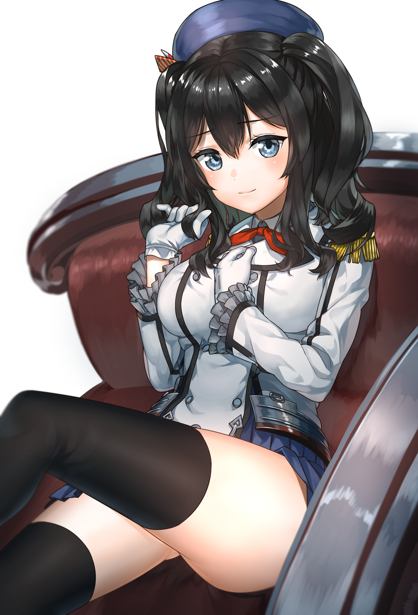 absurdres alternate_hair_color bad_id bad_pixiv_id beret black_hair black_thighhighs blue_eyes blush breasts buttons epaulettes female frilled_sleeves frills gloves harumaki_haruki hat highres kantai_collection kashima_(kancolle) large_breasts looking_at_viewer military military_uniform miniskirt neckerchief pleated_skirt red_neckerchief sitting skirt smile solo thighhighs twintails uniform wavy_hair white_gloves zettai_ryouiki