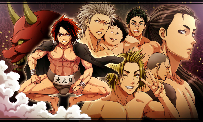 6+boys annotated black_hair blonde_hair buzz_cut colored_skin commentary_request gojou_yuuma grey_hair grin highres hinomaru_zumou horns jacket jacket_on_shoulders kanamori_tsuyoshi karuta410 kunisaki_chihiro kuze_sousuke long_hair mawashi multicolored_hair multiple_boys muscular one_eye_closed oni ozeki_shinya ponytail purple_eyes red_eyes red_hair red_skin sada_mizuki scar short_hair smile sumo two-tone_hair ushio_hinomaru v very_short_hair yellow_eyes