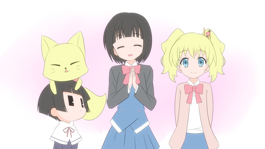 3girls alice_cartelet animal animal_on_head arms_behind_back bad_id bad_pixiv_id black_hair blonde_hair blue_eyes blunt_bangs bob_cut bow bowtie cardigan closed_eyes crossover fox gugure!_kokkuri-san hair_ornament ichimatsu_kohina kin-iro_mosaic kokkuri-san_(gugukoku) look-alike looking_at_another looking_at_viewer moegi_high_school_uniform multiple_girls on_head oomiya_shinobu own_hands_together school_uniform short_hair smile twintails undershaft