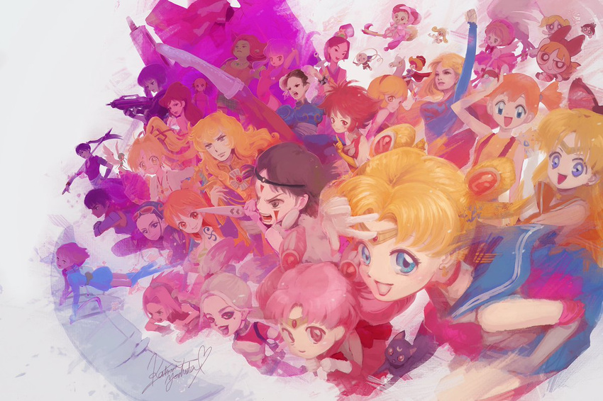 6+girls aino_minako annotated anpanman balsa berserk bishoujo_senshi_sailor_moon black_hair blonde_hair blossom_(ppg) blue_eyes boots breasts brown_hair bubbles_(ppg) buttercup_(ppg) cape cardcaptor_sakura casca_(berserk) chibi_usa chun-li circlet commentary_request cone_hair_bun crossover cutie_honey cutie_honey_(character) dark-skinned_female dark_skin dc_comics disney fa_mulan_(disney) feline finn_fish ghost_in_the_shell gintama gun hair_bun harley_quinn harukaze_doremi kagura_(gintama) kaitou_jeanne kamikaze_kaitou_jeanne kasumi_(pokemon) kasumi_yoshida kaze_no_tani_no_nausicaa kinomoto_sakura kinomoto_sakura_(magic_dream_costume) kusakabe_maron kusanagi_motoko long_hair looking_at_viewer luna_(sailor_moon) lupin_iii magical_girl makihatayama_hana mine_fujiko mononoke_hime mulan multiple_crossover multiple_girls nami_(one_piece) naruto naruto_(series) nausicaa nico_robin ojamajo_doremi one_piece open_mouth orange_hair oscar_francois_de_jarjayes pink_eyes pink_hair pokemon powerpuff_girls princess_fiona princess_sapphire ranma_1/2 ribbon_no_kishi rollpanna sailor_chibi_moon sailor_moon sailor_senshi_uniform sailor_venus sakura_haruno san_(mononoke_hime) seirei_no_moribito shampoo_(ranma_1/2) short_hair shrek_(series) skirt smile street_fighter studio_ghibli suicide_squad supergirl superhero_costume tsukino_usagi versailles_no_bara weapon