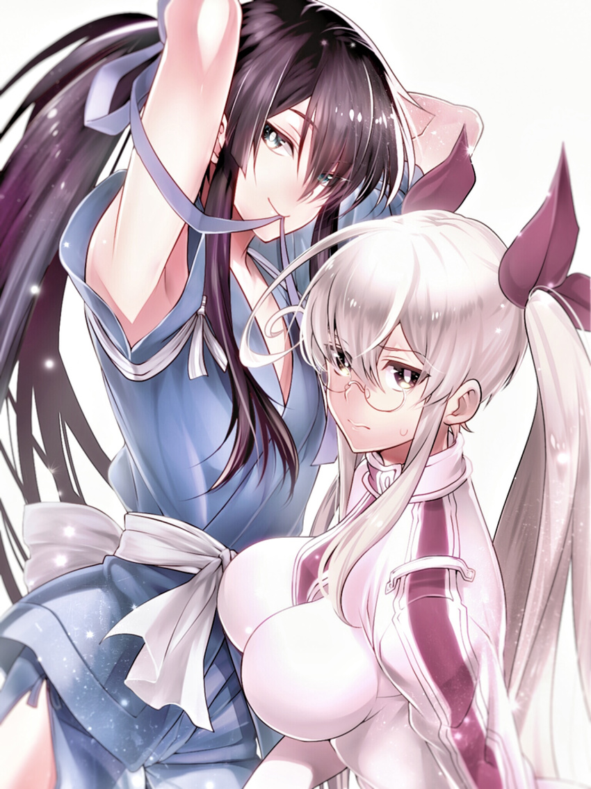 1boy androgynous armpit_peek armpits blue_eyes bow breasts closed_mouth commentary_request drifters female fujiwara_riyu glasses hair_ribbon hairbow highres japanese_clothes jitome large_breasts long_hair looking_at_viewer nasu_no_yoichi olmine ponytail ribbon smile tied_hair tsurime twintails white_hair