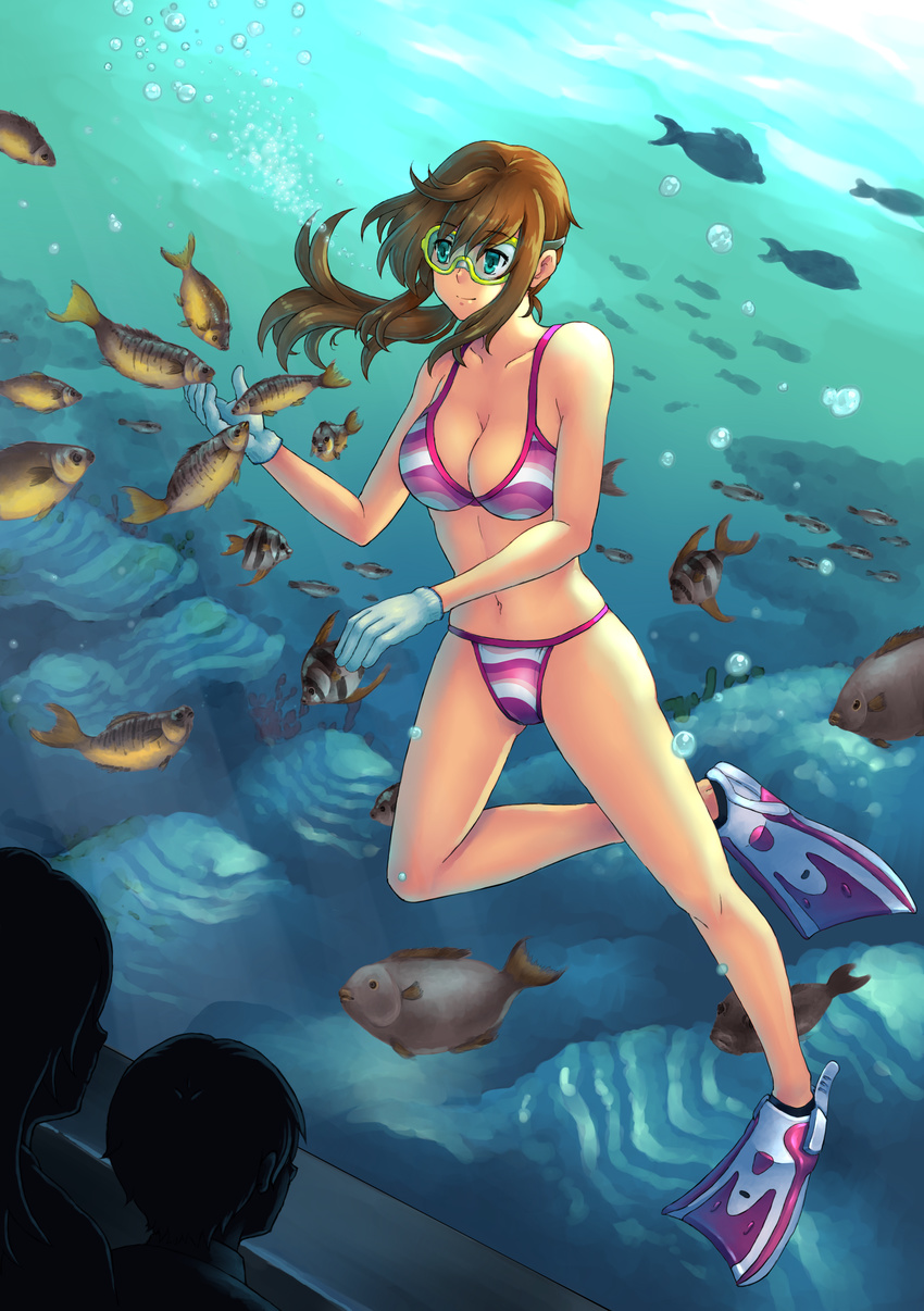 absurdres air_bubble bikini breasts breath brown_hair bubble cleavage commentary coral diving diving_mask doris20140830 english_commentary female fish flippers freediving glass gloves goggles green_eyes highres holding_breath large_breasts long_hair moe2016 navel ocean original solo striped_bikini striped_clothes swimming swimsuit underwater white_gloves