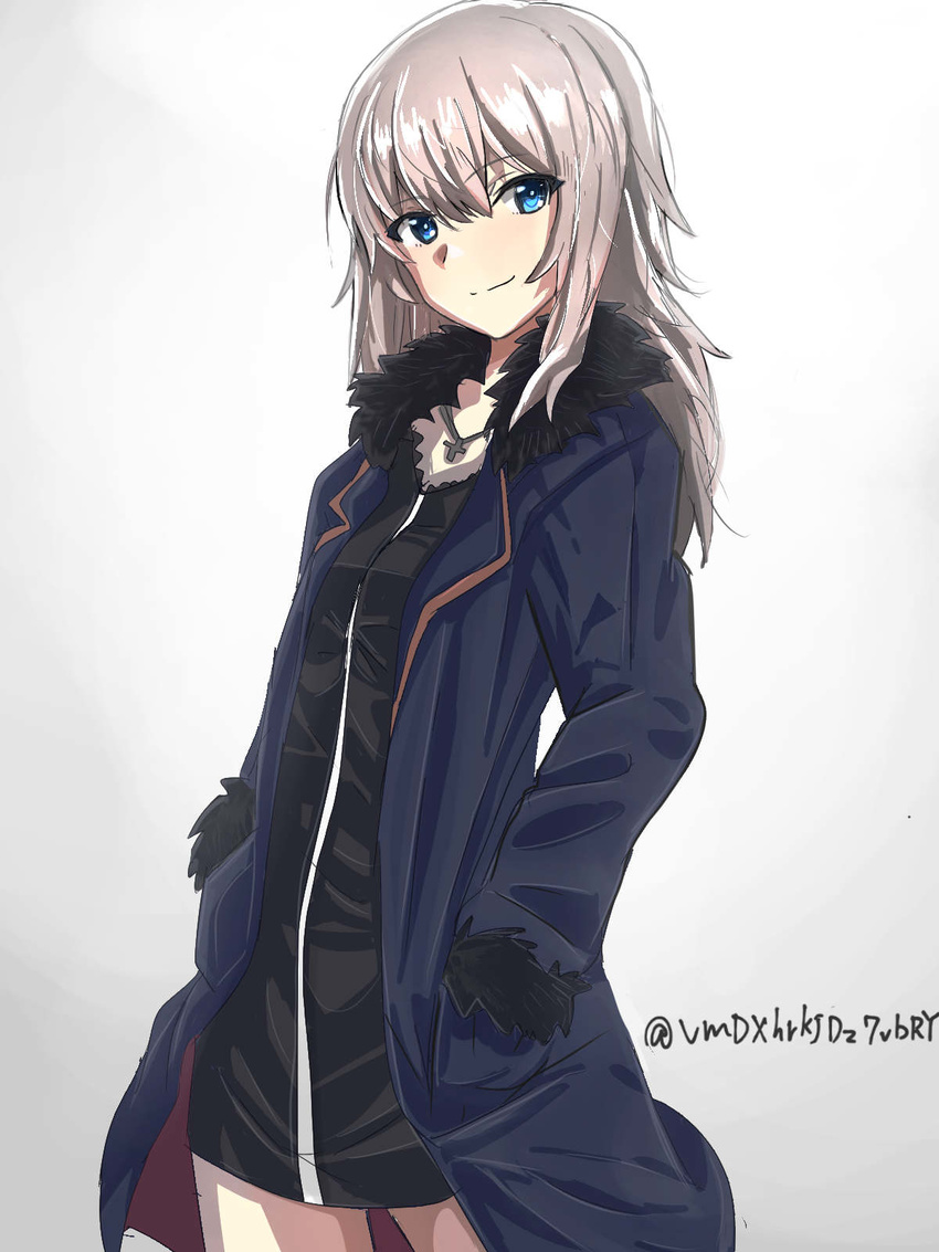 black_dress blue_coat casual closed_mouth coat commentary_request cosplay cowboy_shot cross dress fate/grand_order fate_(series) female girls_und_panzer grey_background hands_in_pockets highres itsumi_erika jeanne_d'arc_alter_(fate) jeanne_d'arc_alter_(ver._shinjuku_1999)_(fate) jeanne_d'arc_alter_(ver._shinjuku_1999)_(fate)_(cosplay) jewelry kosuda long_hair looking_at_viewer necklace official_alternate_costume open_clothes open_coat short_dress smile solo standing