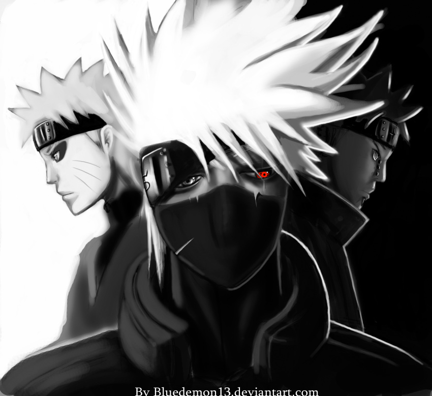 bluedemon13 hatake_kakashi monochrome naruto spot_color uzumaki_naruto