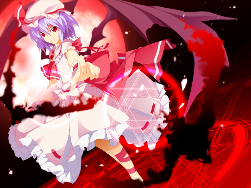 ascot bat_wings brooch commentary_request dress female hat jewelry magic_circle pink_dress purple_hair red_eyes remilia_scarlet ribbon short_hair solo touhou wings wrist_cuffs zb_(dawn-blue)